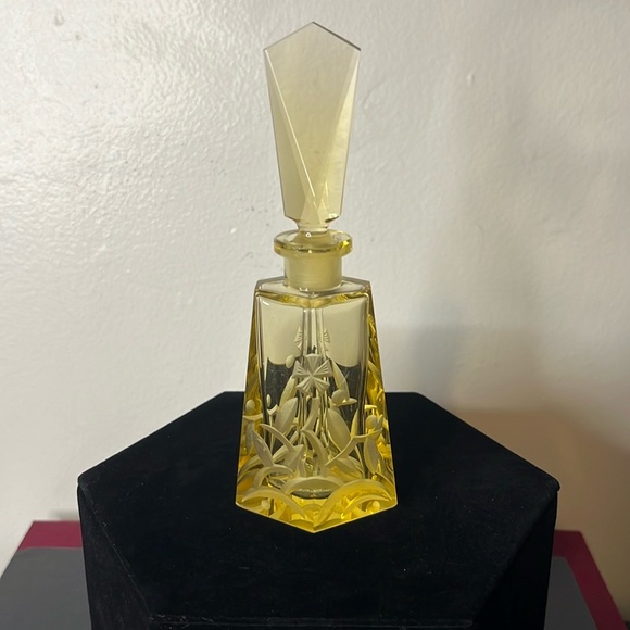 Other - Art Deco Czechoslovakia Yellow Floral Vaseline Glowy Glass Perfume Bottle Dauber